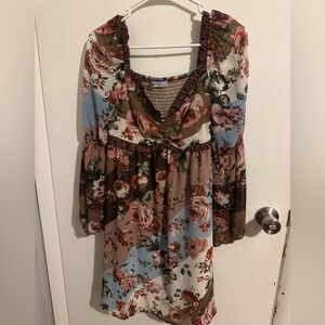 5/$25 SO Pink and Blue Ruched Midi Dress with Bishop Sleeves